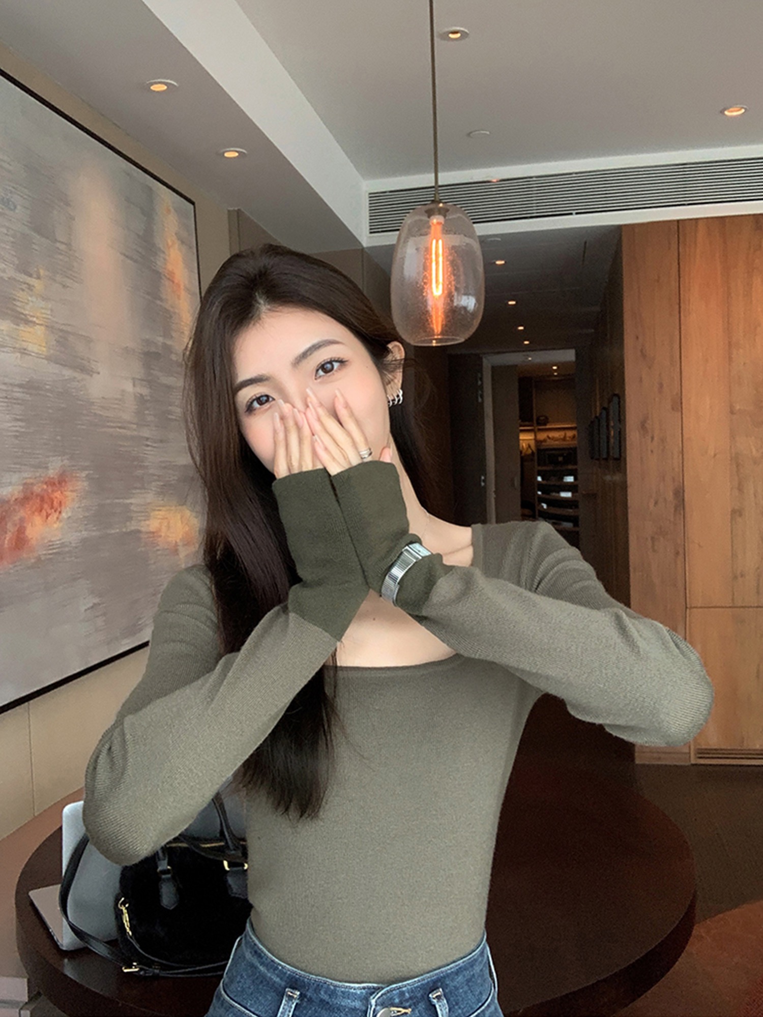 撞色方領德絨女秋季法式設計感修身顯瘦內搭打底衫上衣