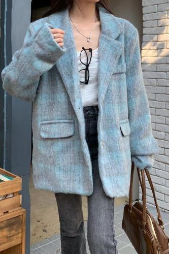 Double-layer interior retro high-end sense long woolen plaid suit jacket for women  autumn and winter trendy versatile tops