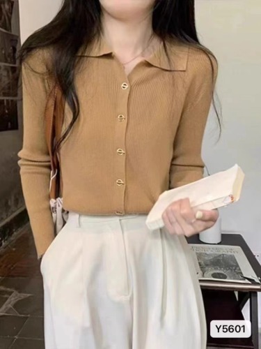 Autumn new Korean style temperament polo collar button slim long-sleeved cardigan top for women