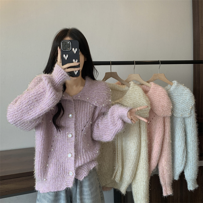 Actual shot ~ New French style heavy beading doll collar sweater jacket small fragrance style high-end knitted cardigan top