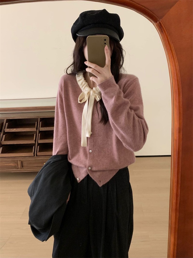 蝴蝶結甜美毛衣打底衫女2023年秋季新款溫柔少女感簡褶皺針織衫潮