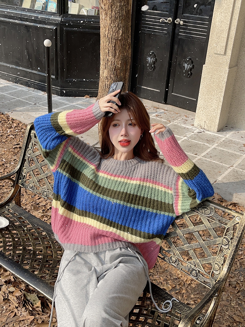 實拍！軟糯彩虹條紋減齡女粗毛衣針織衫慵懶風上衣秋冬2343