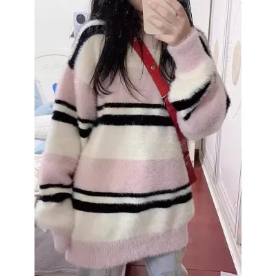 奶粉色！慵懶風水貂絨套頭毛衣女秋冬寬鬆加厚中長款圓領條紋針織