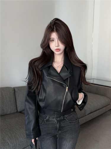 Real shot ~ Hong Kong style pu leather jacket women's new style  small short motorcycle jacket for women