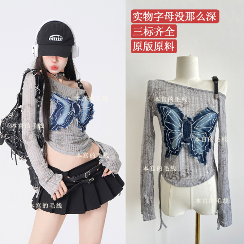 Complete with three standards - Design niche splicing denim bow short slimming off-shoulder drawstring long-sleeved T-shirt top