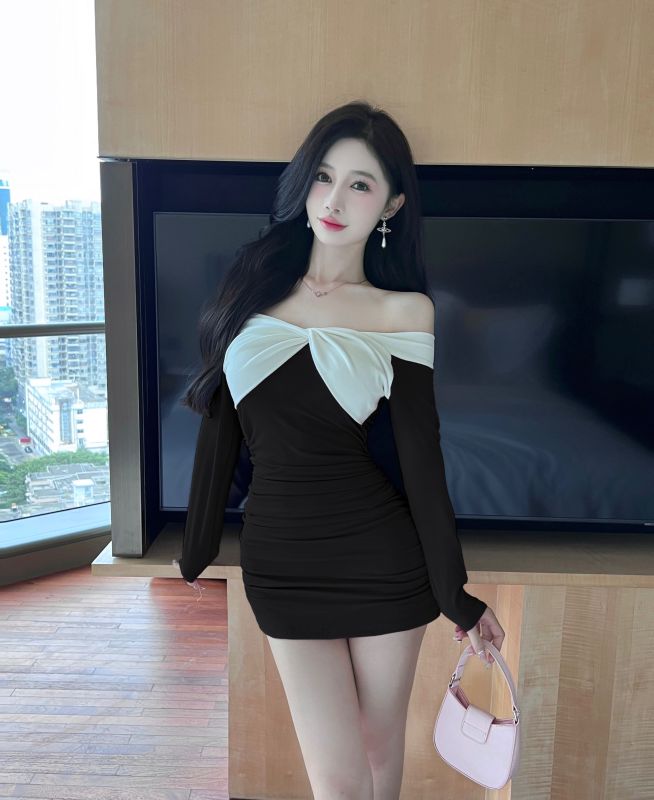 實拍法式名媛性感一字肩夜場辣妹酒吧工作服緊身長袖連衣裙