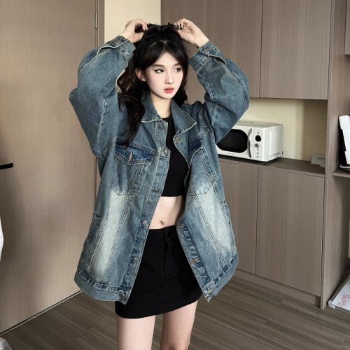 American Hong Kong style washed denim jacket for women casual and versatile college style retro loose casual long-sleeved jacket top