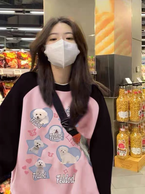 美式復古衛衣女秋冬新款插肩袖拼接圓領寬鬆加絨大版上衣ins潮牌