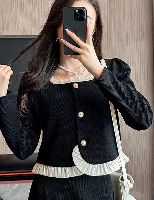 秋冬新款韓版設計感赫本風方領雪紡拼接顯瘦長袖開衫上衣女