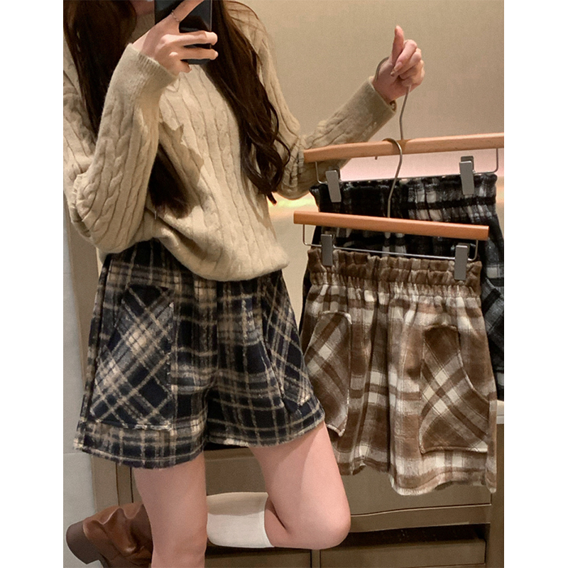 高腰顯瘦毛呢短褲女秋冬加厚復古格紋寬鬆小個子外穿a字闊腿靴褲