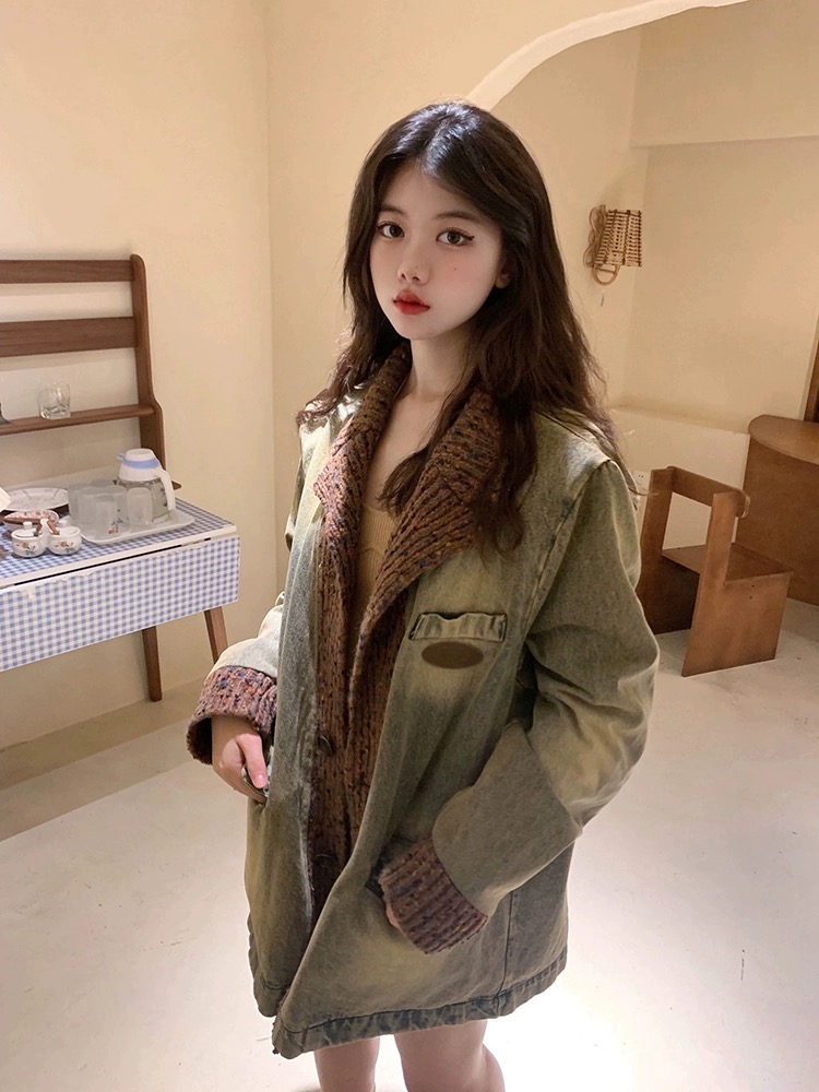港風復古外套女秋季寬鬆百搭上衣小眾設計感水洗做舊拼接牛仔夾克