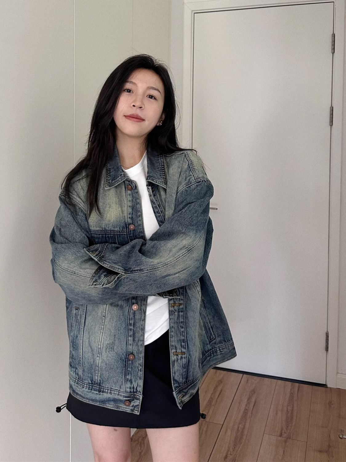 美式潮牌水洗做舊牛仔外套女春秋季復古寬鬆嘻哈百搭小眾翻領夾克