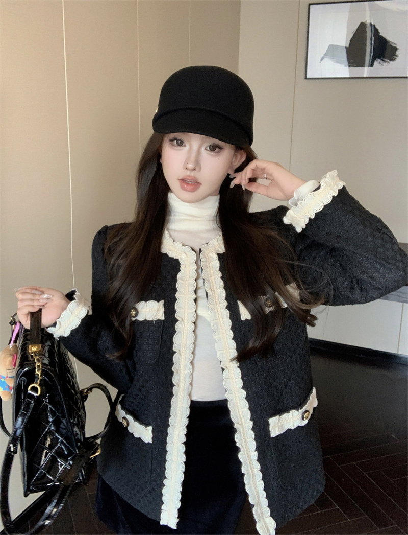 實拍 小香風加棉加厚中長款蕾絲花邊拼接洋氣外套毛呢外套