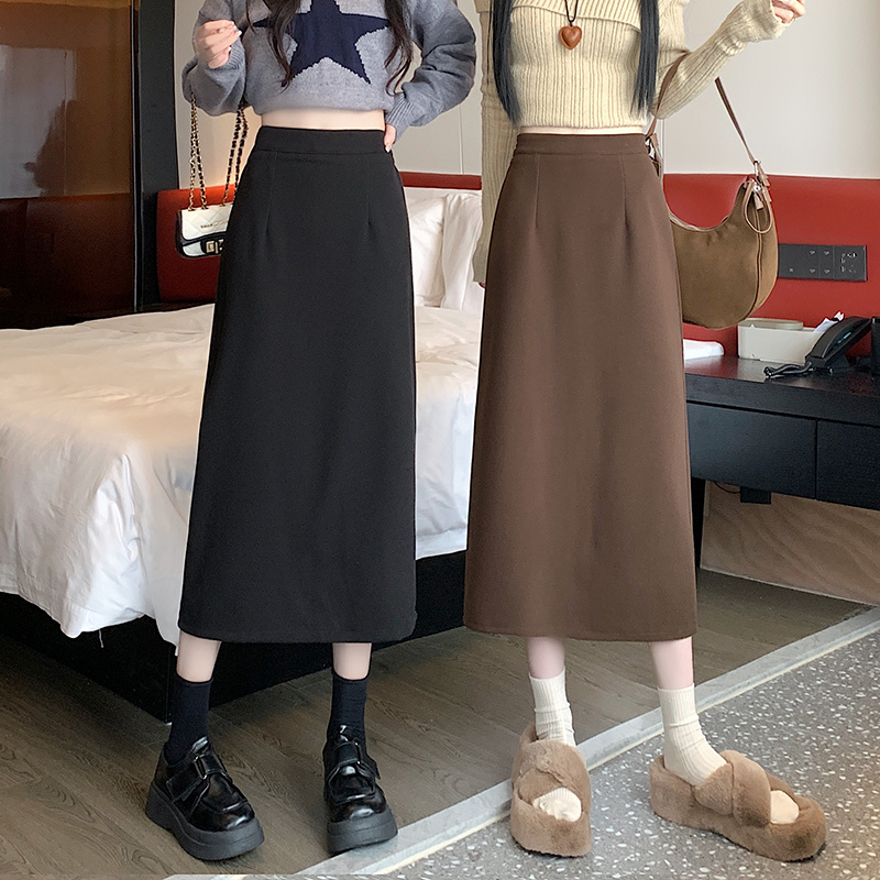 咖色直筒半身裙女秋冬季2023新款寬鬆顯瘦a字裙法式氣質毛呢長裙