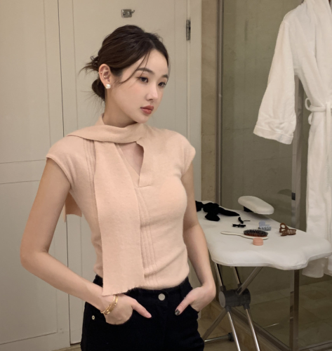 韩国chic秋冬 气质飘带V领 短袖针织衫