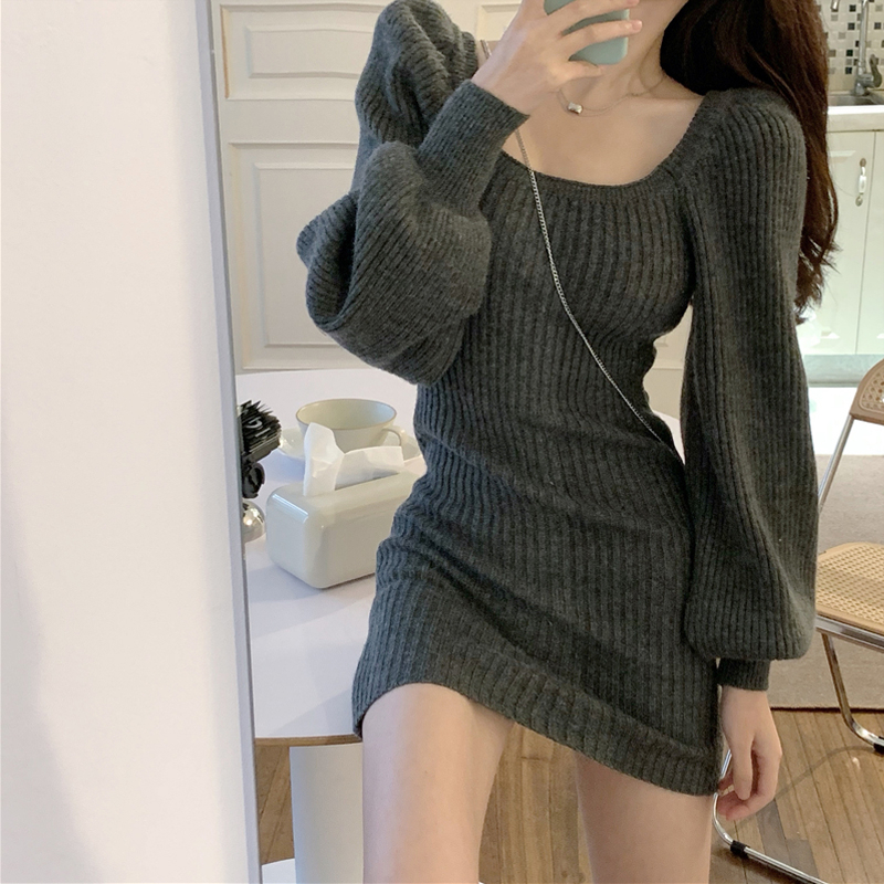 方領毛衣連衣裙女秋冬年新款內搭純欲風辣妹包臀短裙子