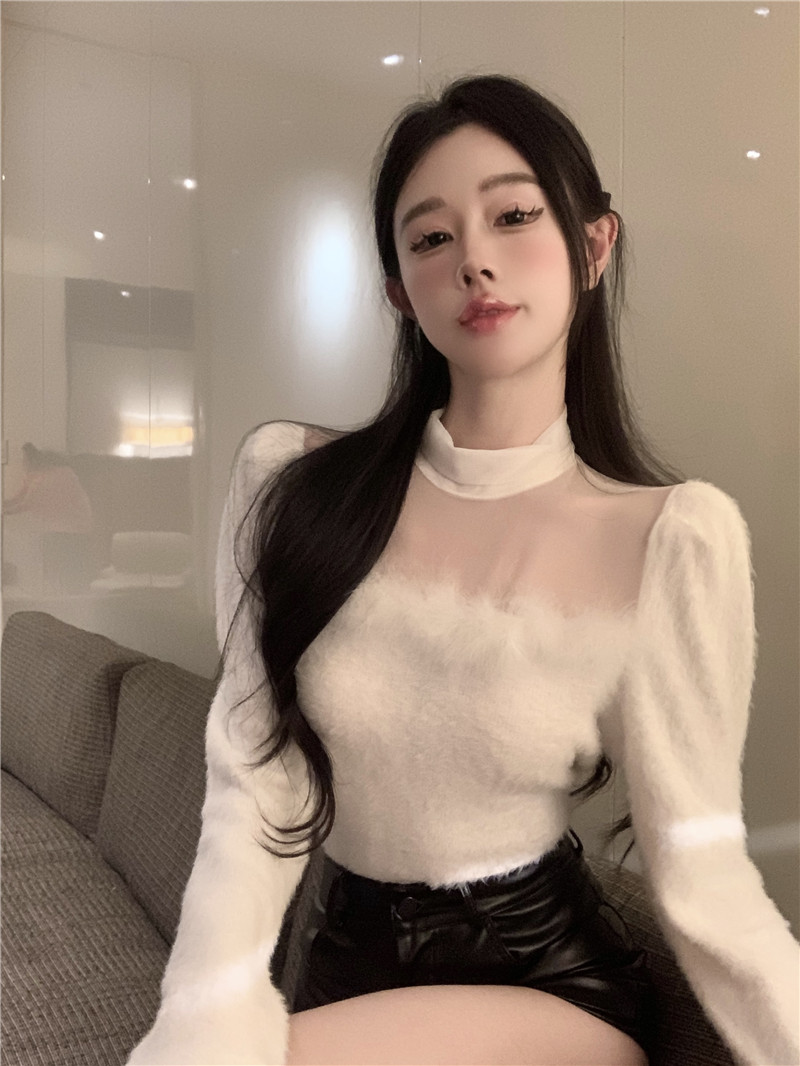 實拍~設計感法式高級感拼接毛毛網紗半高領上衣打底衫女