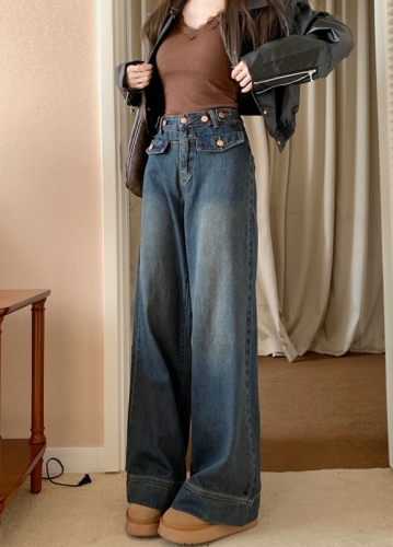 Actual shot#Loose denim trousers for women, high-waisted design, button pocket flaps, straight wide-leg floor-length trousers