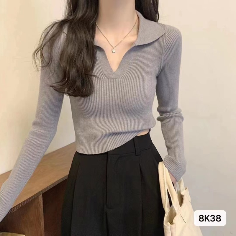 Retro Korean style all-match knitted bottoming shirt for women autumn new sweater short long-sleeved top