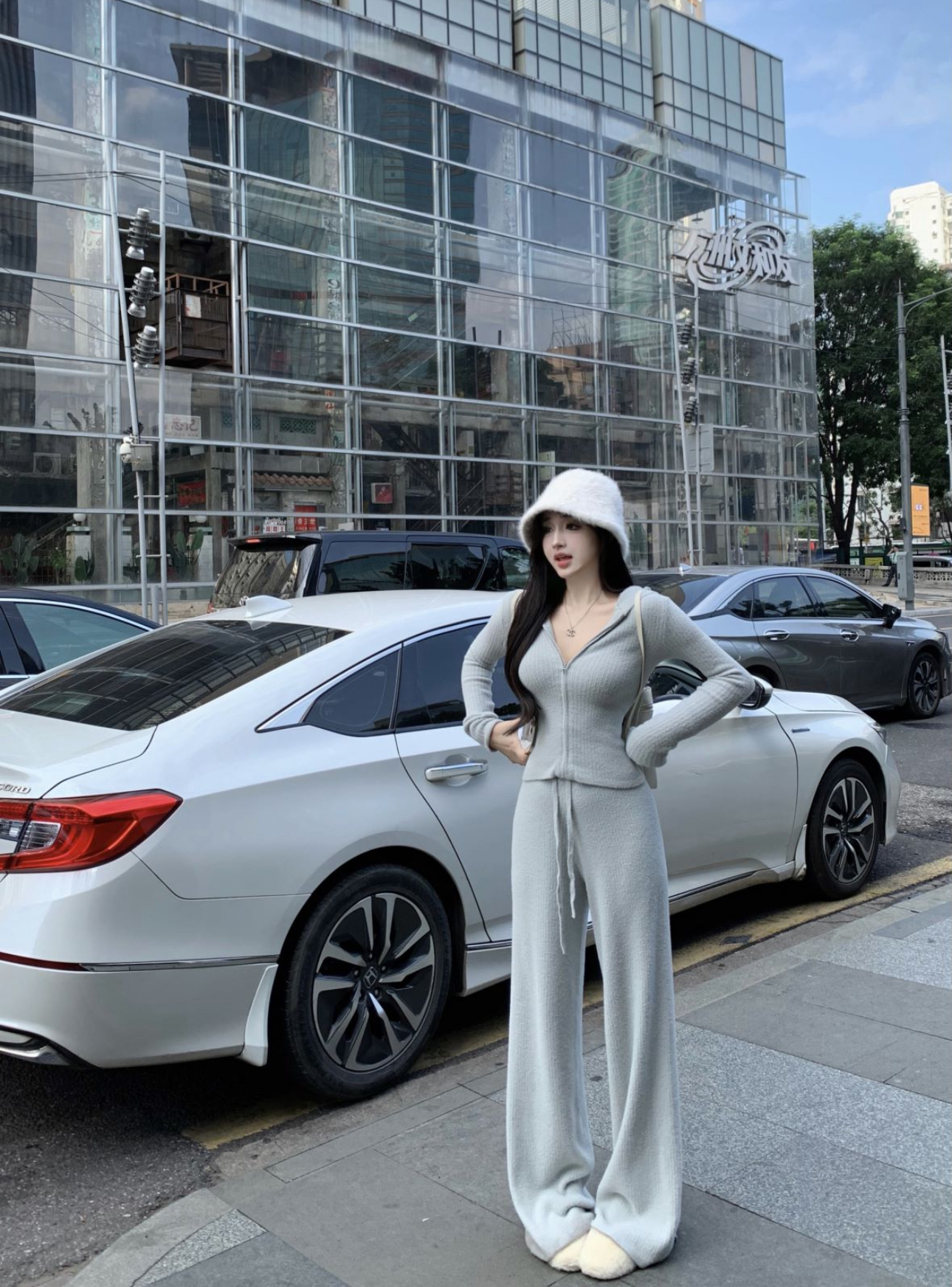 實拍秋冬慵懶套裝女長袖連帽針織開衫直筒休閒彈力長褲兩件套