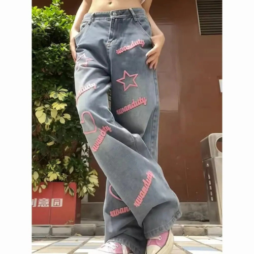Playful, age-reducing and sweet design denim trousers for women, Korean style straight wide-leg floor-length trousers, trendy