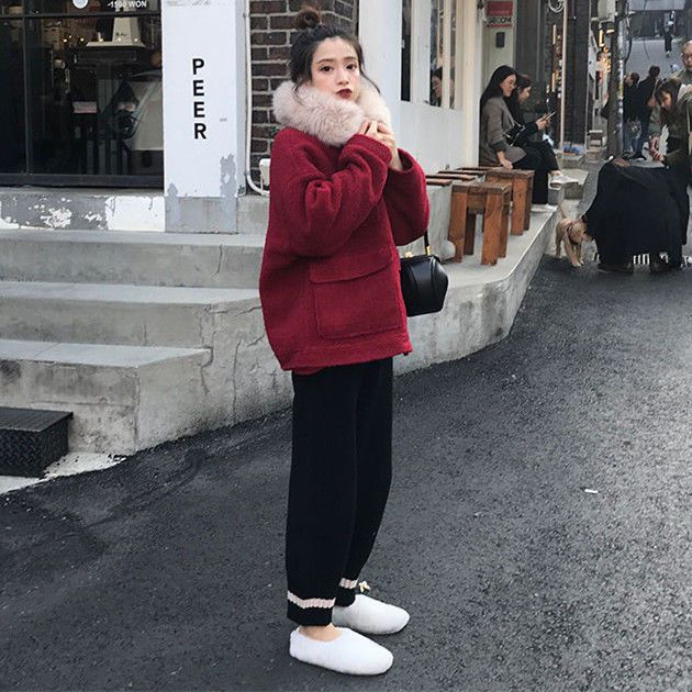 條紋針織拼接毛呢褲子女秋冬高腰闊腿九分寬鬆直筒復古奶奶褲
