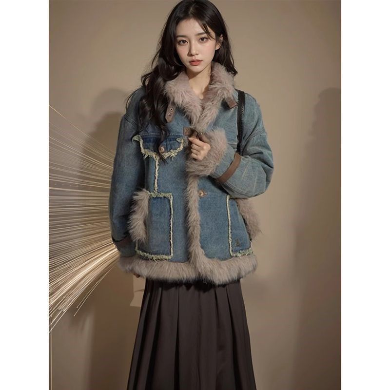 牛仔秋冬外套女2023年新款復古毛毛拼接高級感氛圍感保暖棉衣棉服