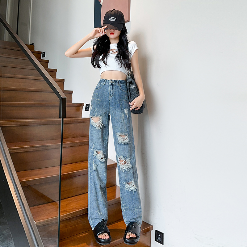 實拍2023秋季時尚潮流高腰直筒闊腿休閒破洞牛仔褲女