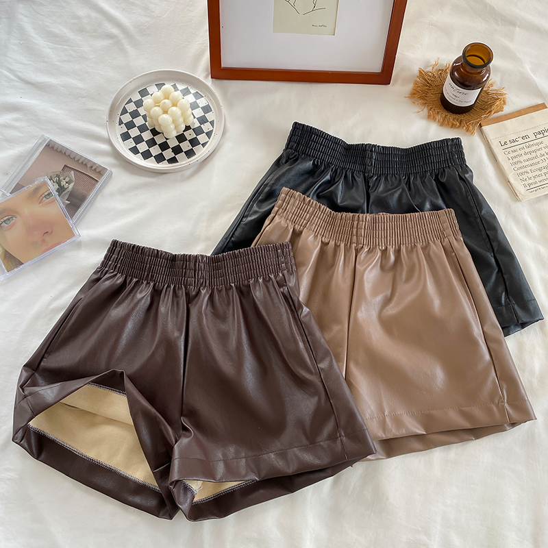 Real shot of elastic waist leather shorts, autumn and winter new Korean style high-waisted wide-leg pants, black PU leather pants