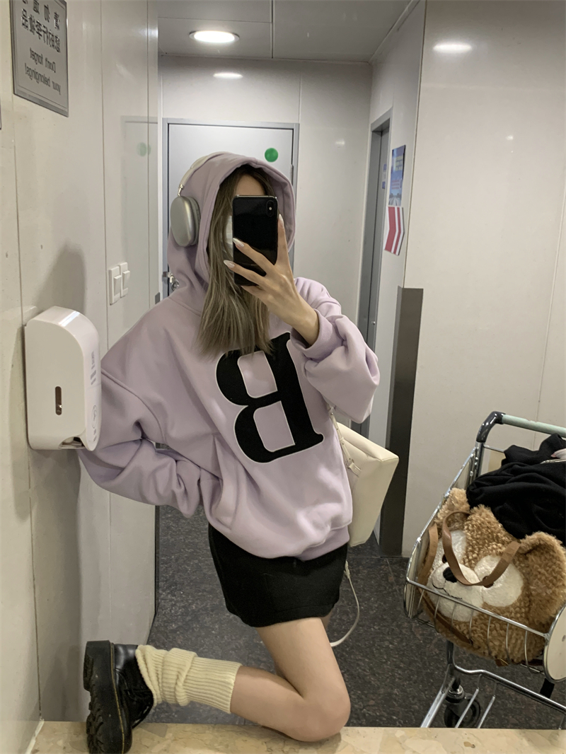 實拍~午後校園 美式復古設計感字母連帽寬鬆加絨衛衣