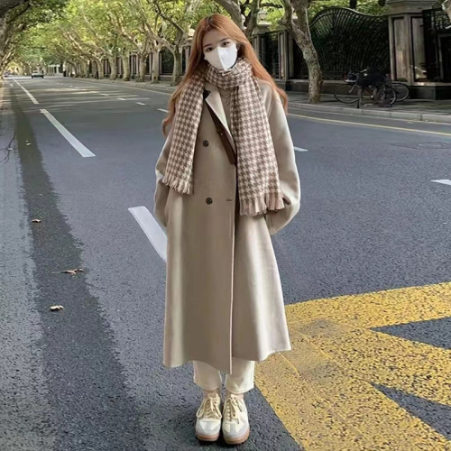 Double-sided fleece coat for women, mid-length thickened 2023 autumn and winter new style Hepburn style small woolen coat