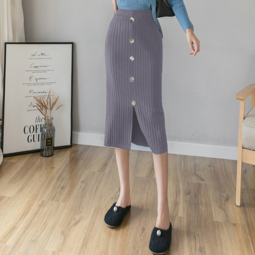 2023 New Hong Kong Style High Waist Knitted Skirt Women's Mid-Length Slit One-step Skirt Wool Hip Cover Skirt