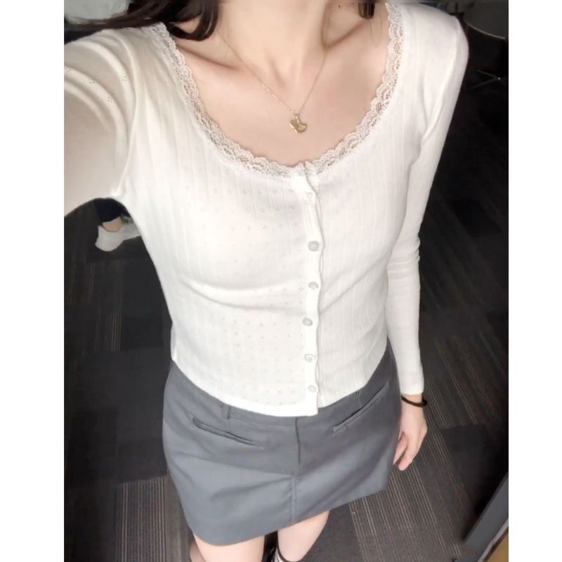 白色蕾絲長袖上衣T恤女2023年春秋新款辣妹修身百搭打底衫潮