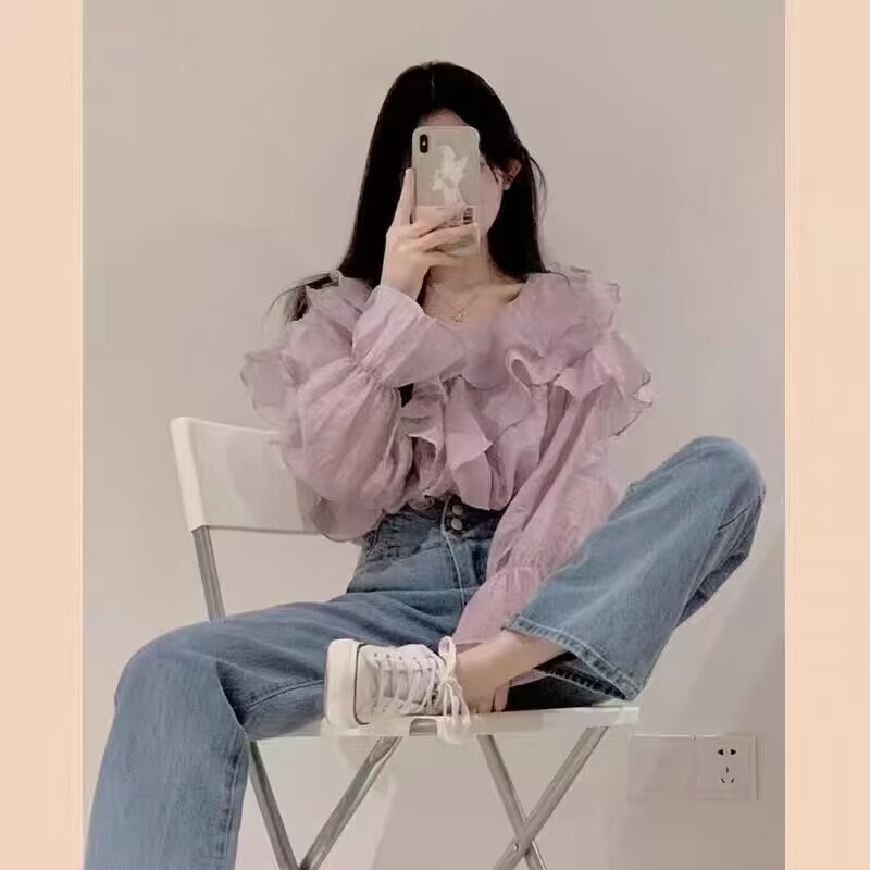 Gentle style purple ruffled shirt for women summer new loose slim design niche V-neck long-sleeved top