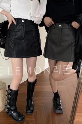 THE LEMON lemon green tea autumn American retro niche tooling high waist thin solid color a-line skirt leather skirt