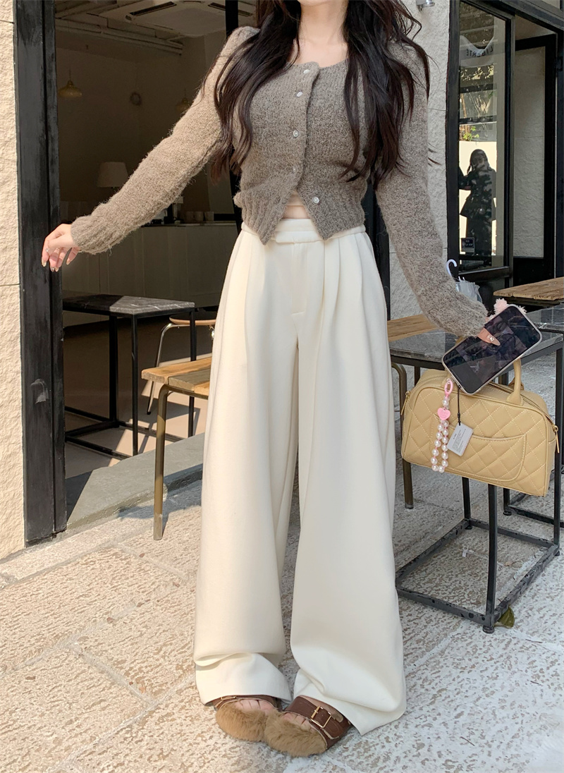 實拍高腰垂感羊絨闊腿褲女拖地褲秋冬寬鬆氣質米白色休閒長褲