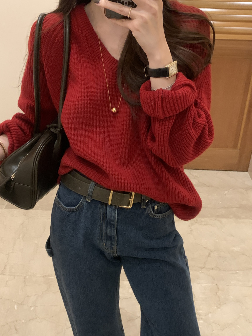 韓國chic秋冬新款韓版復古V領寬鬆慵懶長袖毛衣女