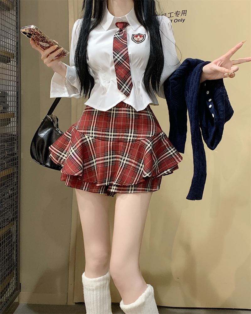 實拍~甜辣風套裝女冬季學院jk長袖襯衣格子半身裙短裙兩件套