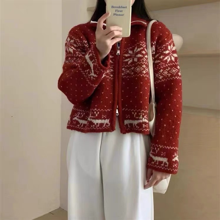 馨幫幫 日系古着感重工立領拉鏈針織開衫雪花刺繡毛衣外套女秋冬