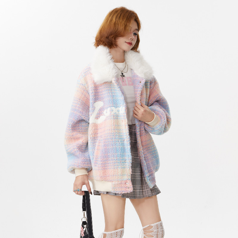 Real shot #Colorful splicing fur collar lamb wool cotton coat for women autumn and winter new niche design warm and thickened cotton coat