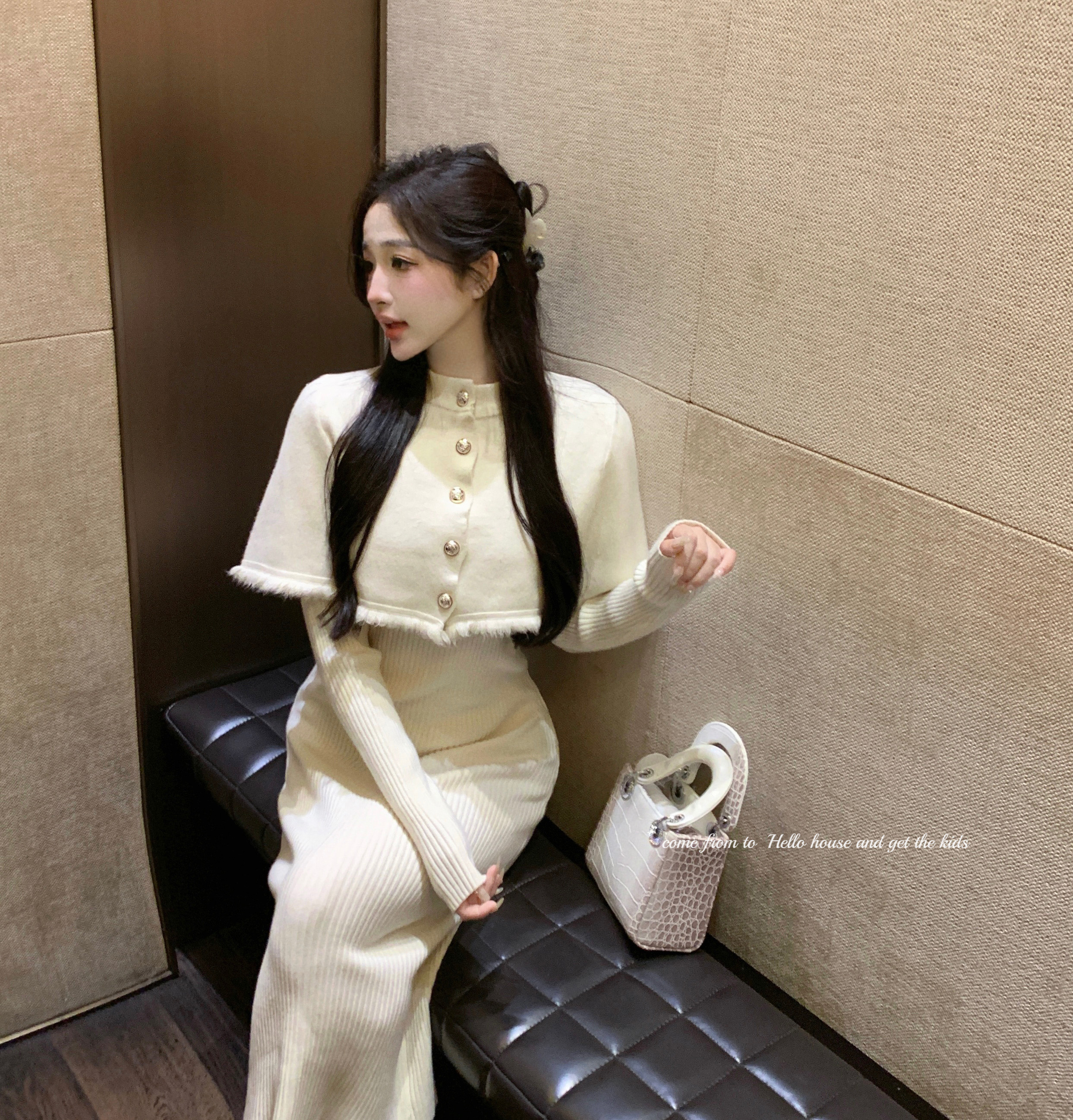 實拍~設計感國風收腰溫柔氣質連衣裙流蘇斗篷披肩兩件套女