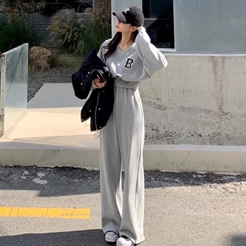 韓國chic秋冬小眾慵懶風百搭加絨長袖衛衣+高腰闊腿休閒長褲套裝