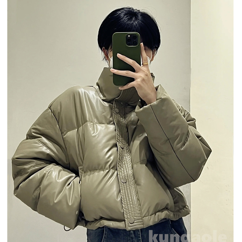 No-wash PU leather down-padded jacket for women 23 new style ultra-short stand-up collar thickened small man's bread jacket winter coat off-season