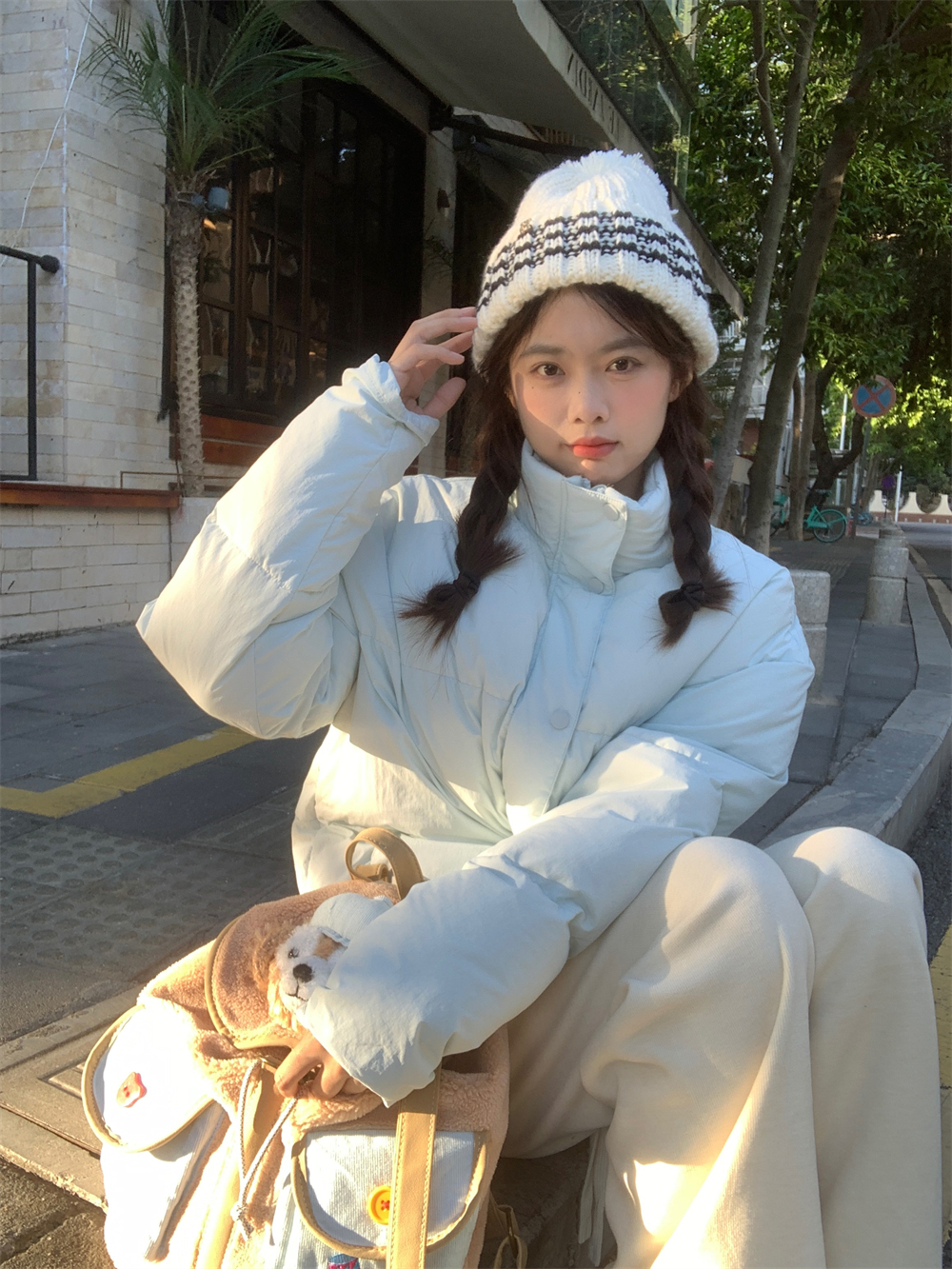 Real shot of baby blue hooded thickened cotton coat Korean style versatile warm mid-length coat for women