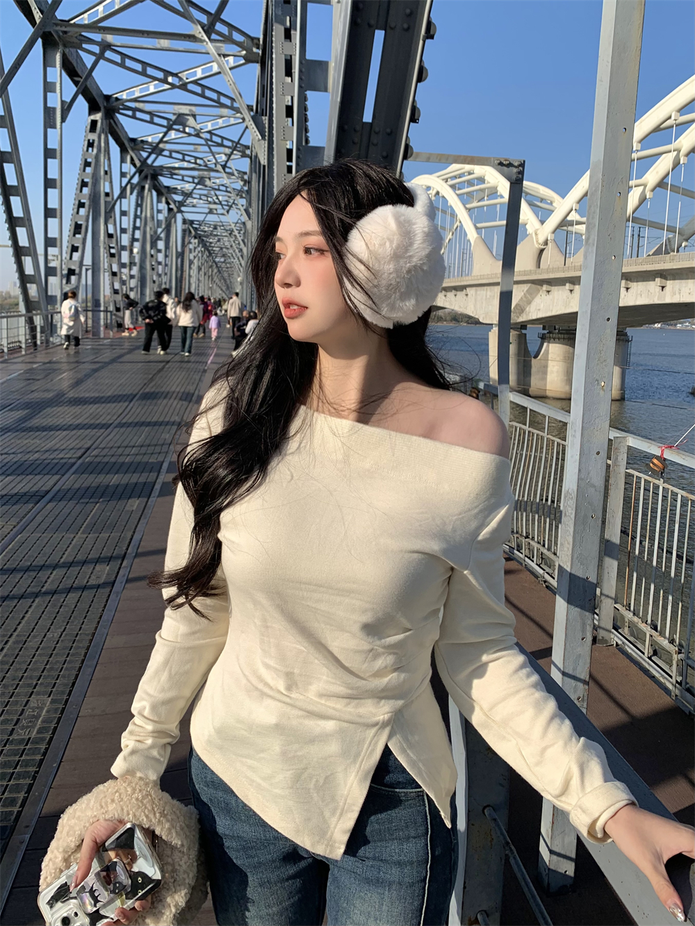實拍甜欲氣質百搭修身顯瘦設計感一字肩上衣兩穿秋冬打底外穿長袖