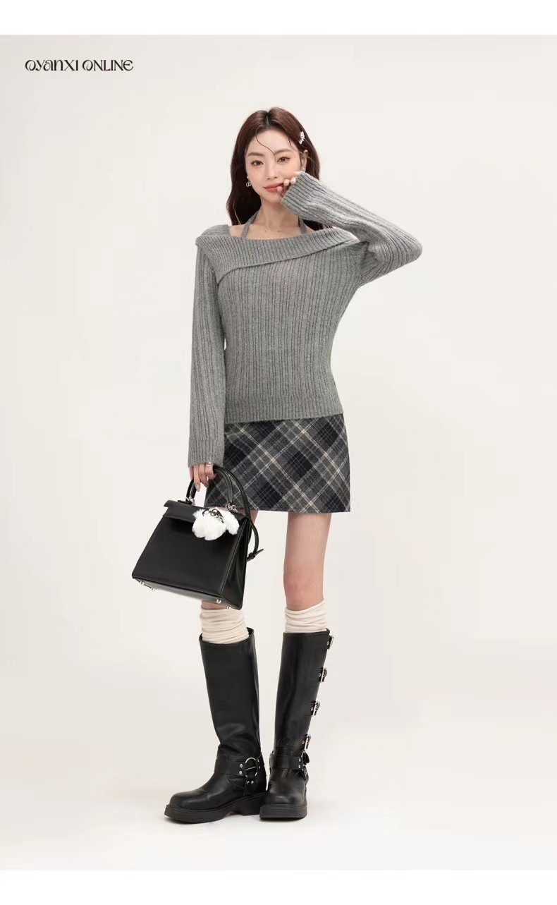 純欲掛脖毛衣女秋冬季2023新款設計感小眾一字肩打底內搭針織上衣