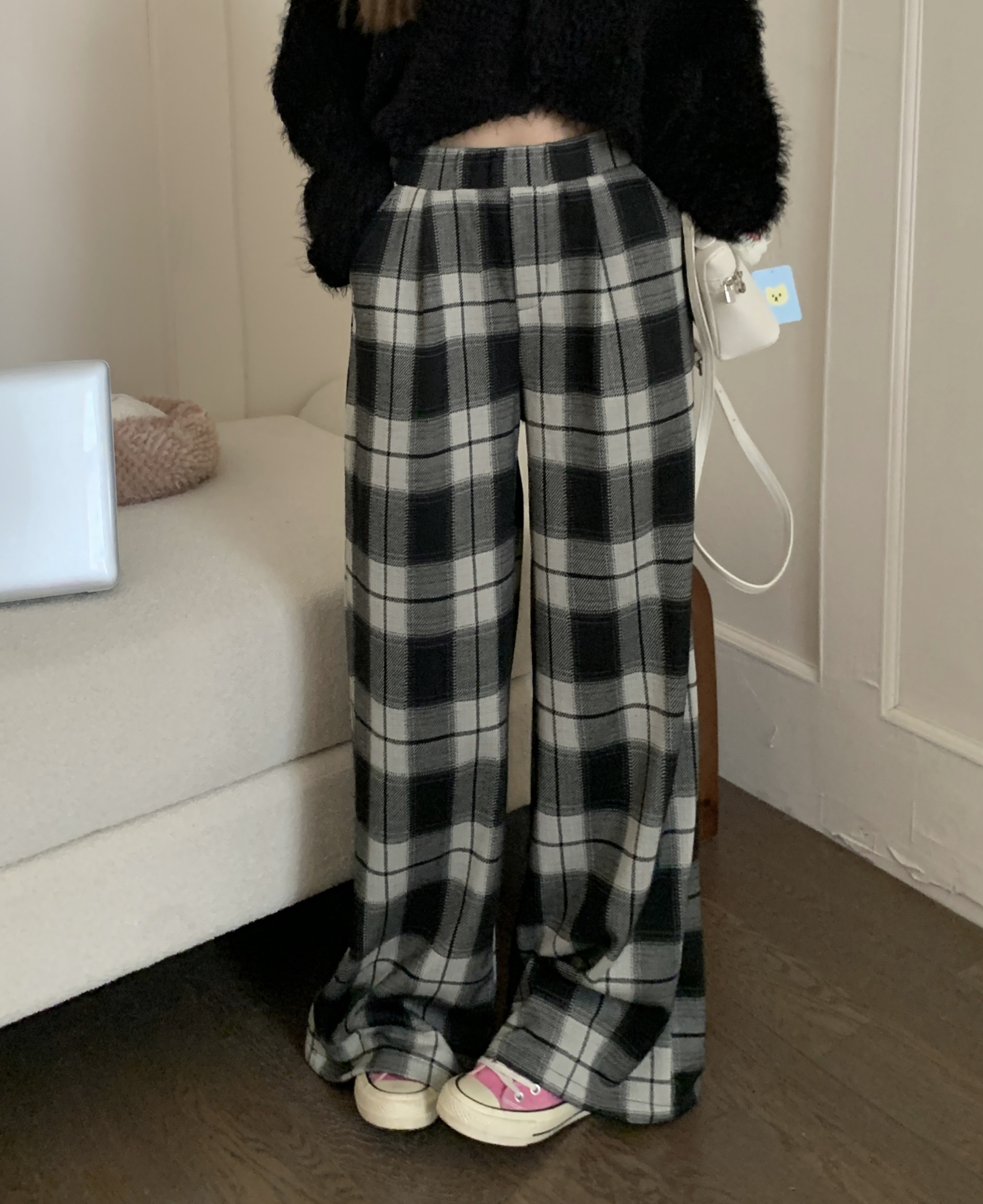 實拍 黑白格子休閒褲女秋季復古垂感寬鬆高腰直筒闊腿拖地褲