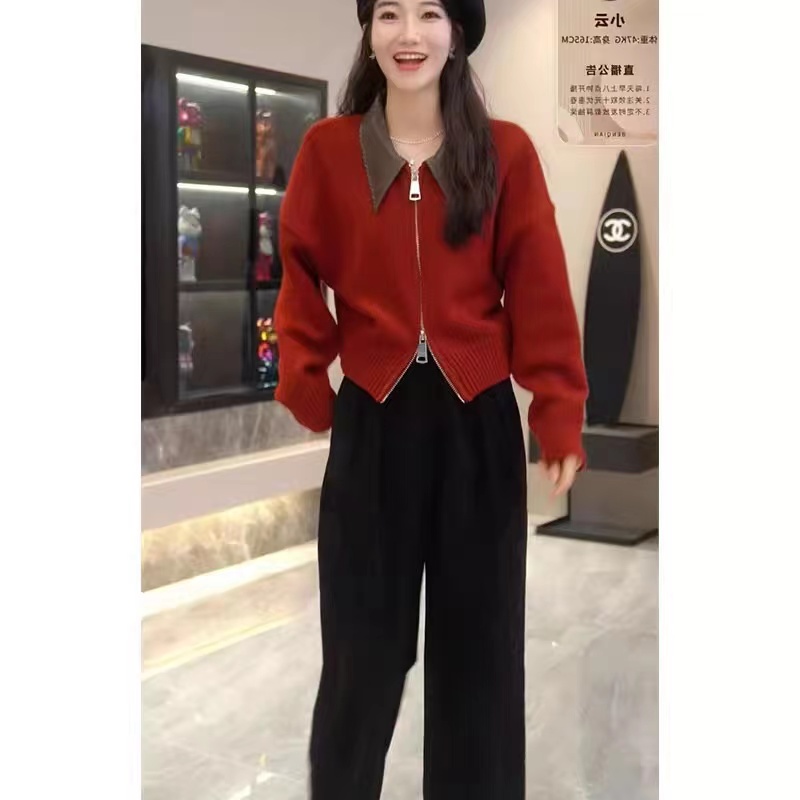 洋氣減齡皮領拼接雙拉鏈針織毛衣女新款歐貨高端氣質寬鬆外套秋冬