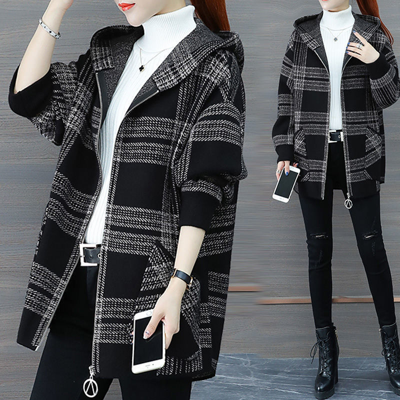 Women's hooded jacket 2023 autumn and winter new style loose plaid zipper fashion cardigan fashionable and versatile