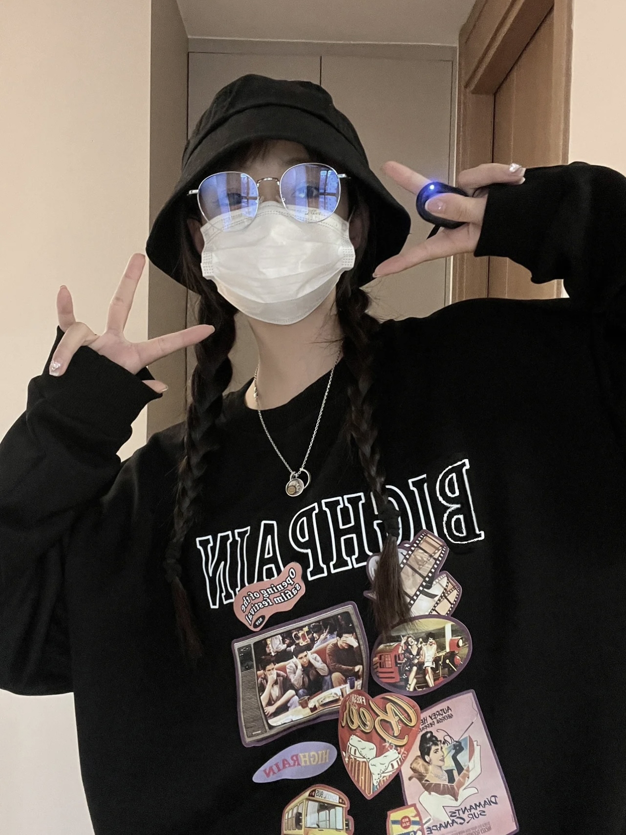 美式復古小眾設計黑色圓領純棉套頭衛衣男女情侶秋季新款上衣國潮